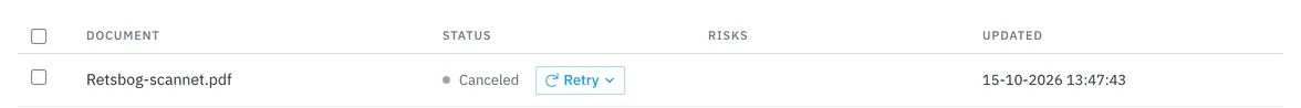 Det scannede dokument med status Canceled og knappen Retry.