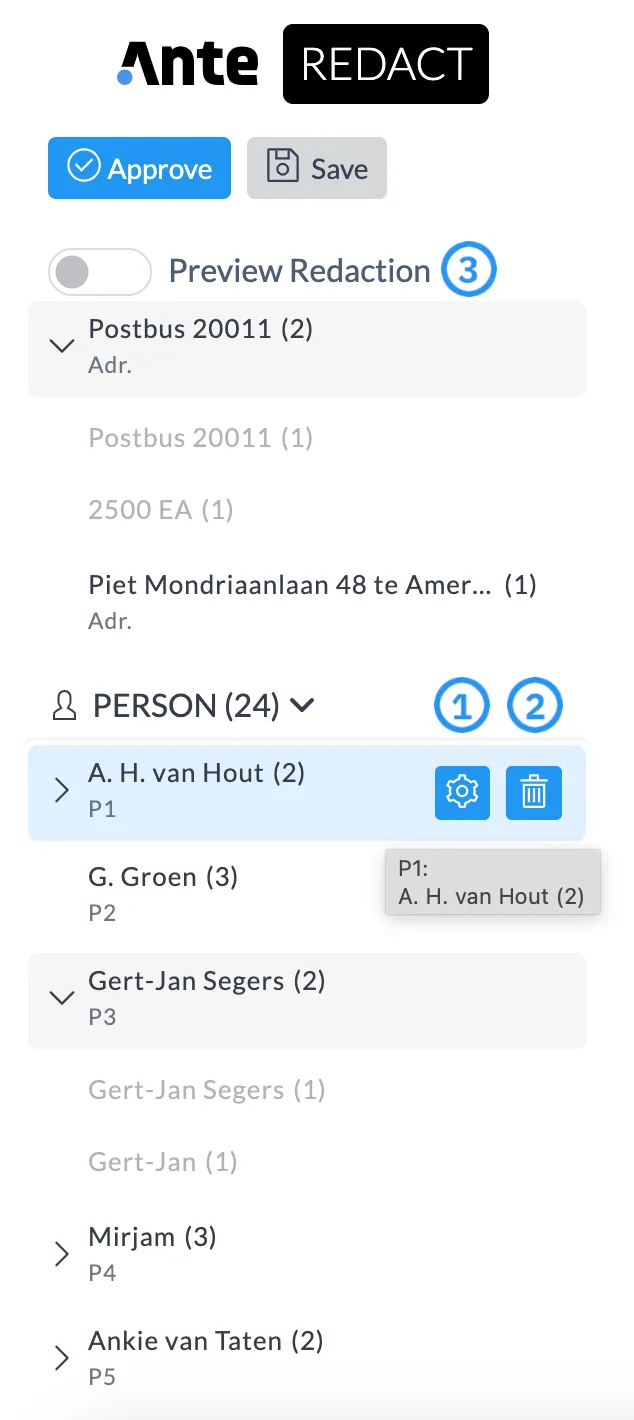 Entitetspanelet med kategorier, aliasser, tandhjul, skraldespand og knappen Preview Redaction.