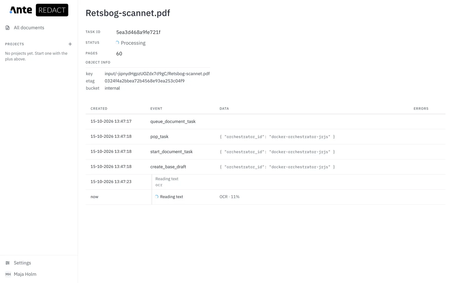 Dokumentets side med hændelsesloggen og det aktuelle trin, Reading text.