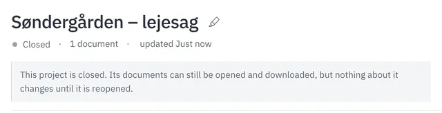 Et lukket projekt med beskeden om, at dokumenterne kan åbnes og downloades, men ikke ændres.