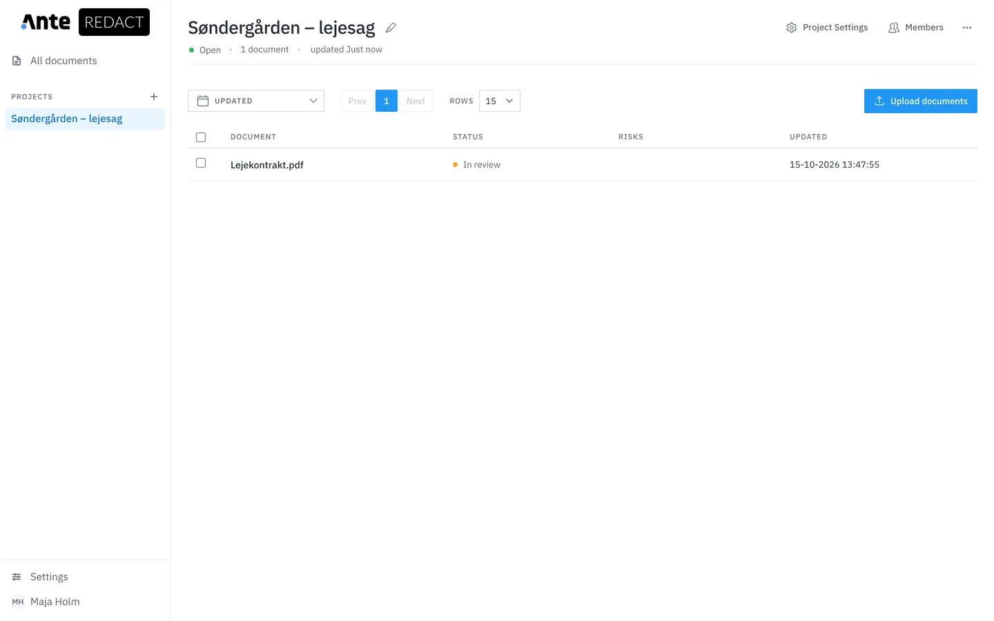 Et projekt med en uploadet lejekontrakt, der er klar til gennemsyn.
