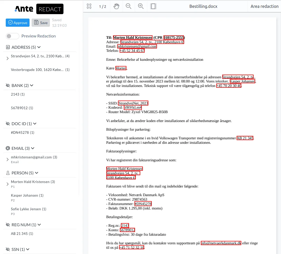 Redact Assisted markerer automatisk personoplysninger i et dokument