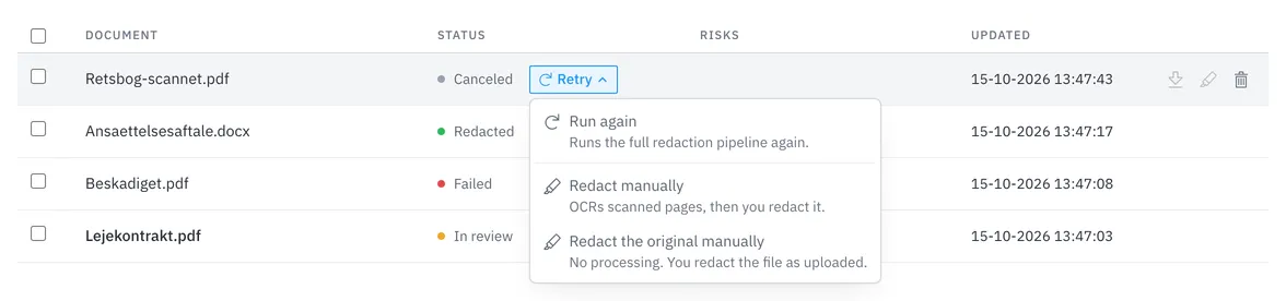 Retry-menuen med Run again, Redact manually og Redact the original manually.