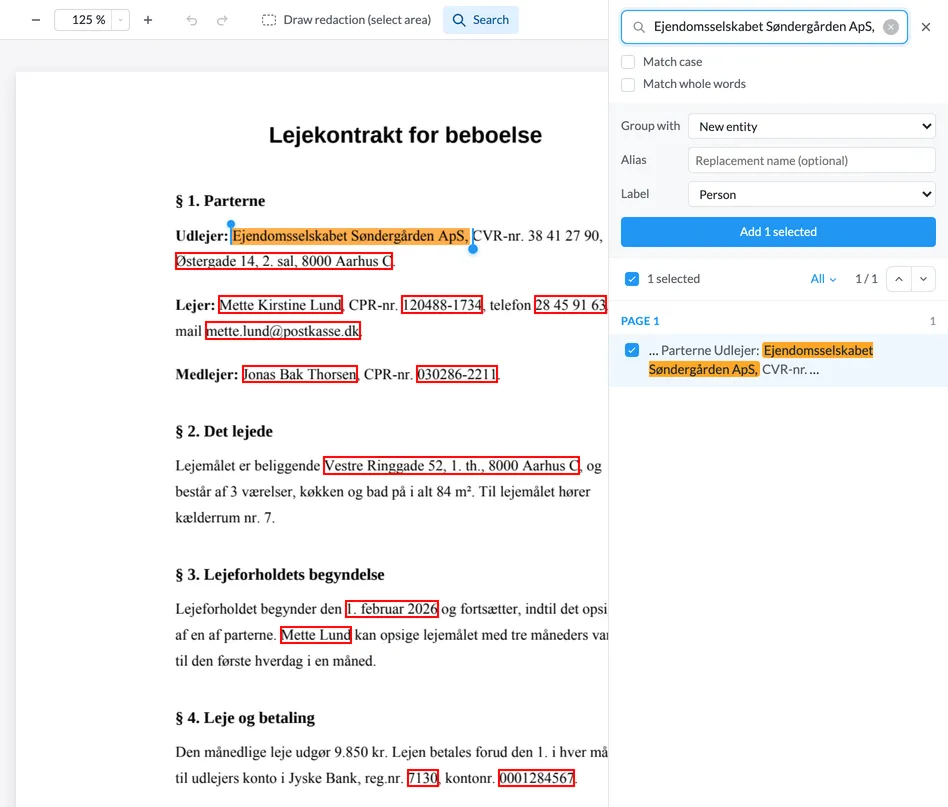 Et firmanavn markeret i dokumentet med søgepanelet åbent: Group with, Alias, Label og knappen Add 1 selected.