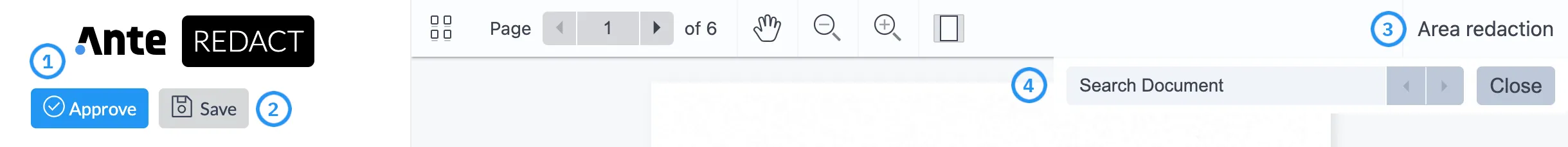 Editorens værktøjslinje med knapperne Approve, Save, Area redaction og Search nummereret 1–4.