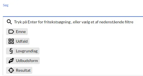 The search field in Ante Udbudsret with the filter buttons Topic, Outcome, Legal basis, Procurement procedure and Result