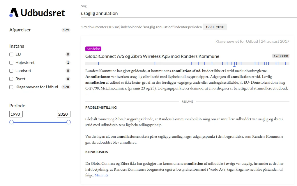 Screenshot of Ante Udbudsret: a search for "usaglig annullation" (unjustified annulment) returns 179 rulings, filterable by instance and period. The first result is a Complaints Board ruling with summary, issue and conclusion.